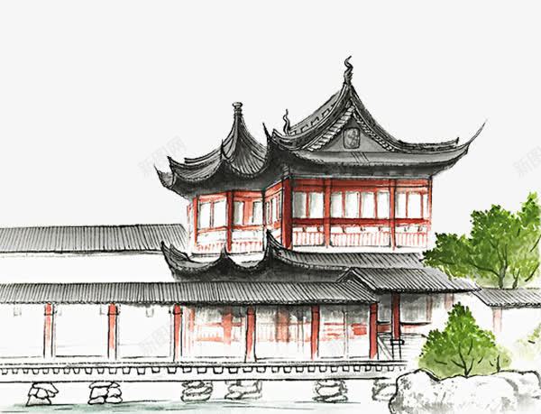 手绘古典建筑园林青瓦白墙png免抠素材_新图网 https://ixintu.com 古代 古典建筑 园林 屋檐 树木 瓦 青瓦白墙