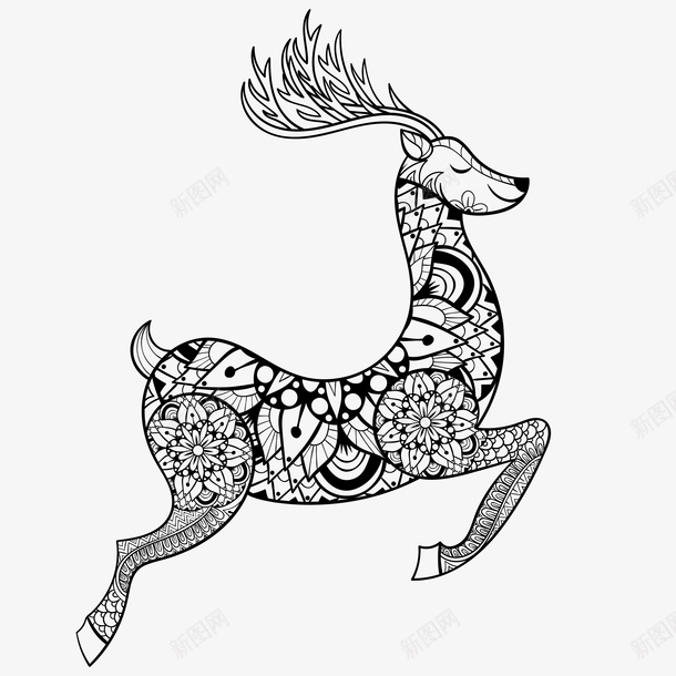 梅花描边 梅花线描图 梅花鹿 矢量图 精致 线条 线稿 美丽 蹦跶 鹿角