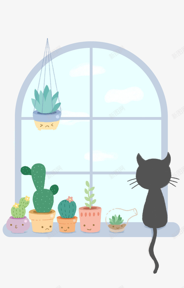 卡通手绘窗前的宠物猫png免抠素材_新图网 https://ixintu.com 卡通 手绘 植物 猫咪背影 盆栽装饰 窗前的宠物猫 花盆