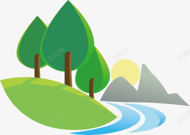 生态自然图标矢量图eps_新图网 https://ixintu.com 山水 树木 河流 清新 生态 绿色 自然 落日 矢量图