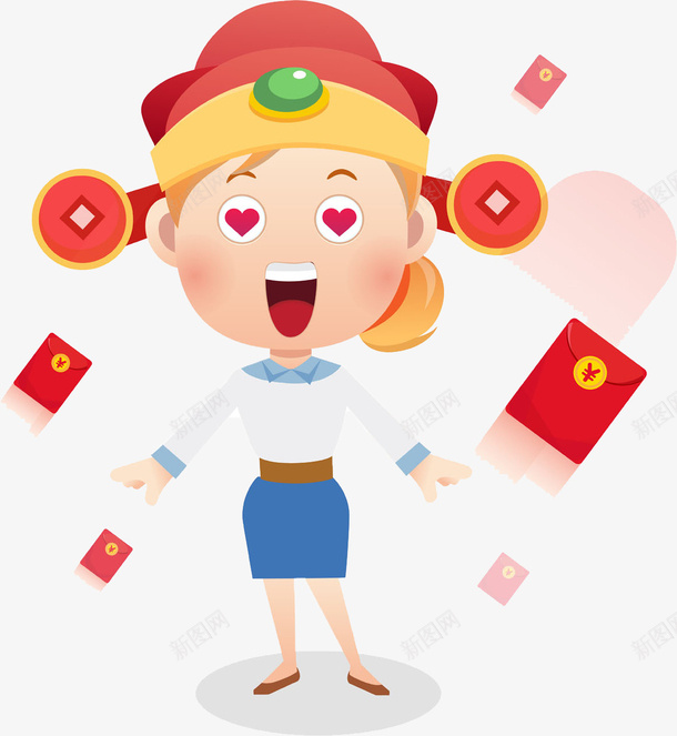 戴着财神帽的女士png免抠素材_新图网 https://ixintu.com 创意 卡通 商务 女士 手绘 白领 红包 财神帽
