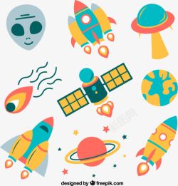 火箭飞碟与外星人元素矢量图素材