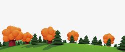 橙色草地卡通立体森林树高清图片