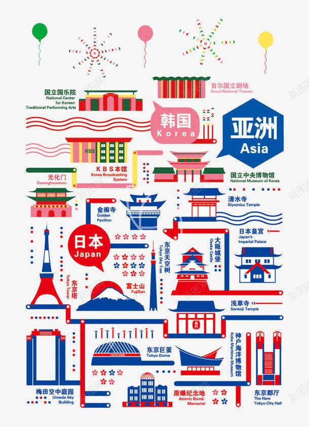 世界旅游日png免抠素材_新图网 https://ixintu.com 亚洲国家 几何形 平扁图形 旅游元素 日本 景点 韩国