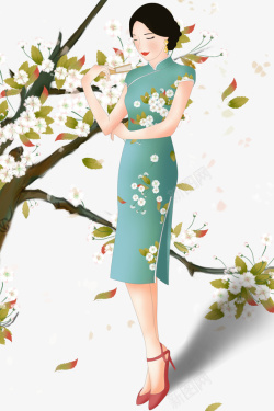 桃花园的美女桃花旗袍扇子美女插画高清图片