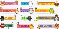 十个彩色卡通动物月份英文矢量图高清图片