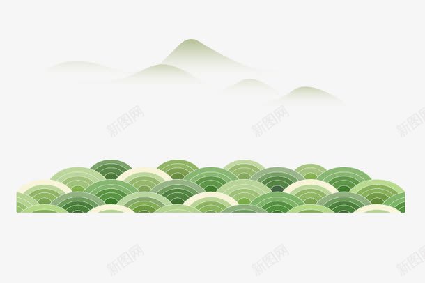 手绘山水psd免抠素材_新图网 https://ixintu.com 山水 波浪 绿色的水 隐隐约约的山峰