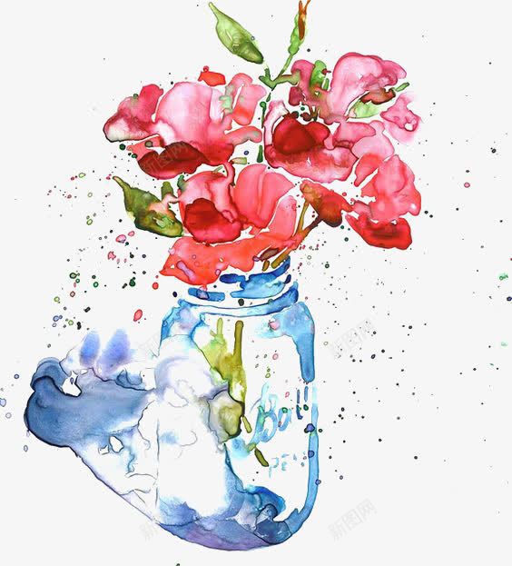 玻璃瓶花瓶png免抠素材_新图网 https://ixintu.com 卡通 喷溅 手绘 插画 水彩 玻璃瓶 花朵 花瓶