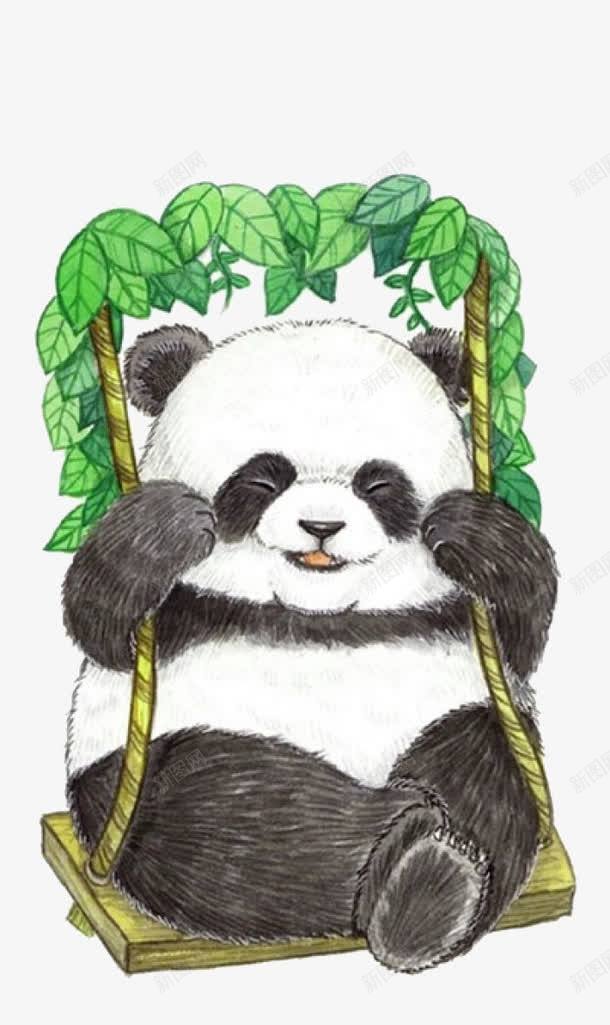 荡秋千的熊猫png免抠素材_新图网 https://ixintu.com 叶子 大熊猫 手绘 白色的 秋千 绿色的 黑色的