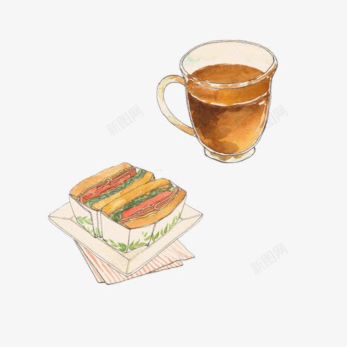 红茶和面包手绘画片png免抠素材_新图网 https://ixintu.com 夹肉面包 手绘美食 红茶 茶杯 面包
