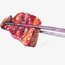 筷子夹烧猪肉红烧肉块手绘画片高清图片