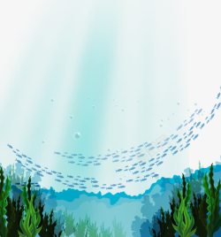 绿色鱼群卡通手绘海底景观鱼群海草高清图片