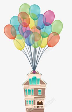气球带着飞的房子炫彩可爱气球飞屋高清图片