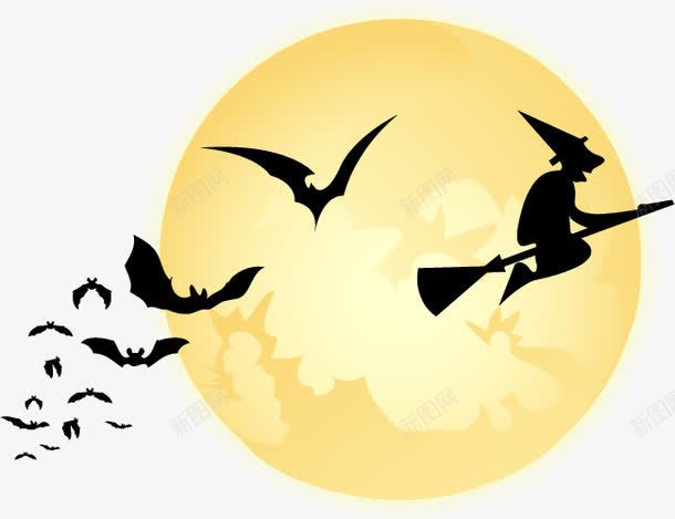 月光蝙蝠和女巫png免抠素材_新图网 https://ixintu.com 万圣节 女巫 扫把 月亮 蝙蝠