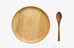 棕色木篮子棕色木质纹理木圆盘和木勺子实物高清图片