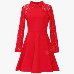 红色长袖蕾丝连衣裙素材