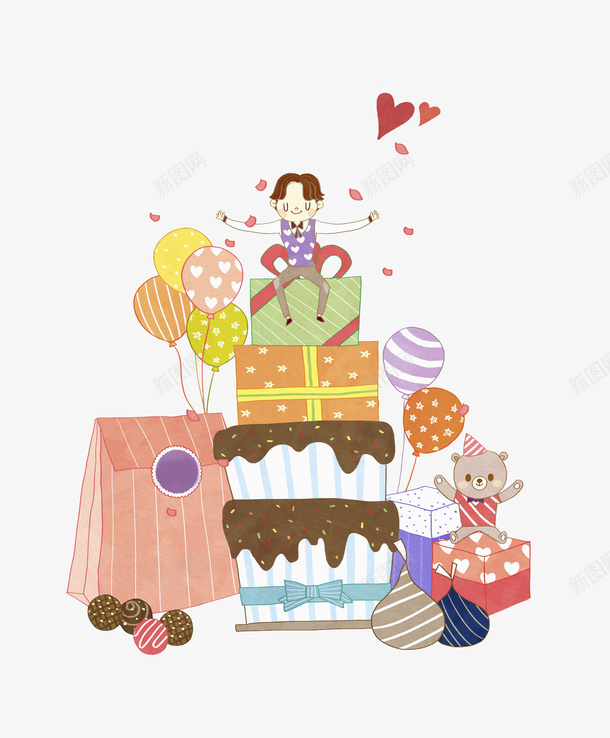 卡通生日男孩图png免抠素材_新图网 https://ixintu.com 创意的 卡通 场景 插图 气球 生日蛋糕 男孩 礼物