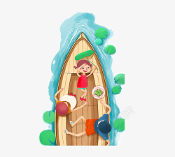 卡通木船在木船上吃粽子的一家高清图片