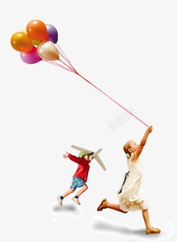 卡通小女孩放飞气球飞机素材