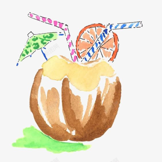水彩椰汁png免抠素材_新图网 https://ixintu.com 卡通 夏天 手绘 插画 椰子 水果 海边