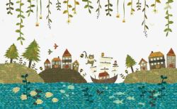 柳树旁的房子矢量图卡通春天湖水高清图片