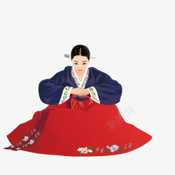 穿红色花衣美女穿红色韩国服饰跪拜的美女矢量图高清图片