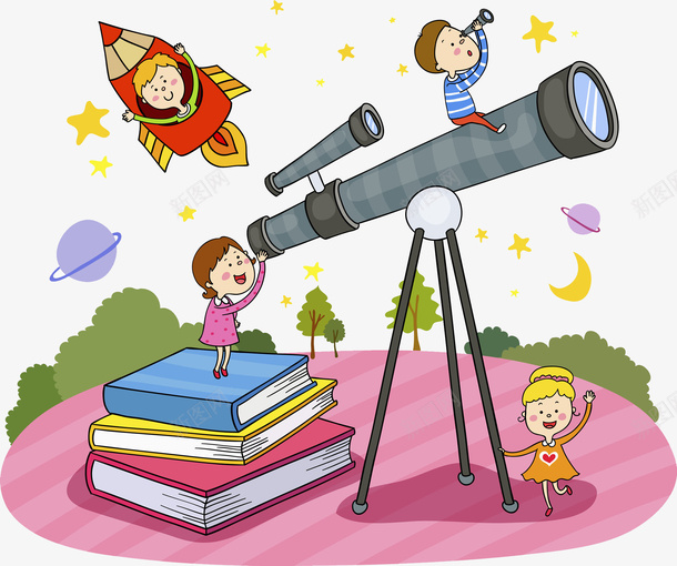 探索太空png免抠素材_新图网 https://ixintu.com 书本 人物望远镜 卡通 女孩 彩色 手绘 望远镜 火箭 男孩