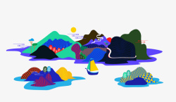 江流卡通彩色山水图高清图片