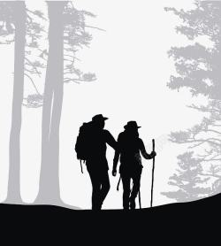 山水剪影背包客两人携手丛林剪影图标高清图片