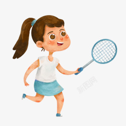 健身素描水彩手绘拿着羽毛球拍的女孩高清图片