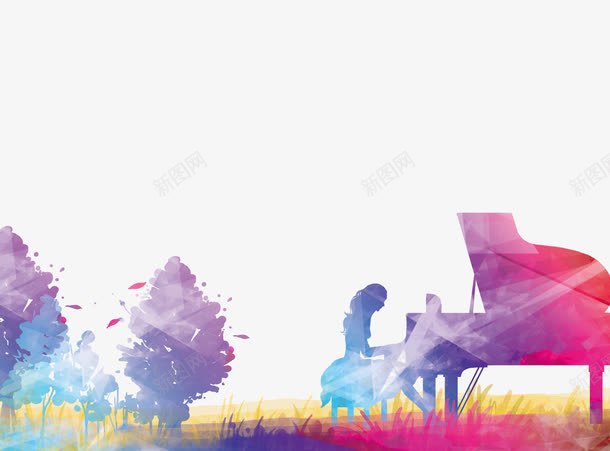 炫彩钢琴psd免抠素材_新图网 https://ixintu.com 女孩 弹钢琴 彩色钢琴 树木 潮流 炫彩