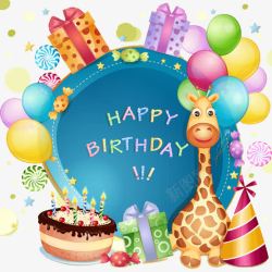 蓝色糖果贩卖机长颈鹿送生日蛋糕和祝福语高清图片