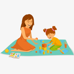 跟女儿玩游戏母女搭积木插画高清图片