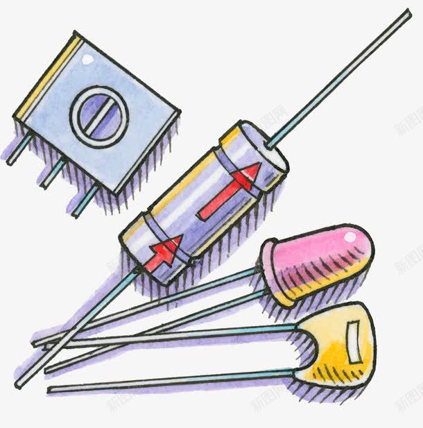 手绘电子元器件png免抠素材_新图网 https://ixintu.com 晶体管 电子元件 电子元件图 电容 电路线条 电阻