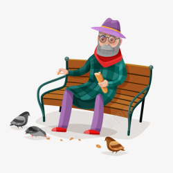公园鸽子手绘卡通坐在长椅上的老人用面包高清图片