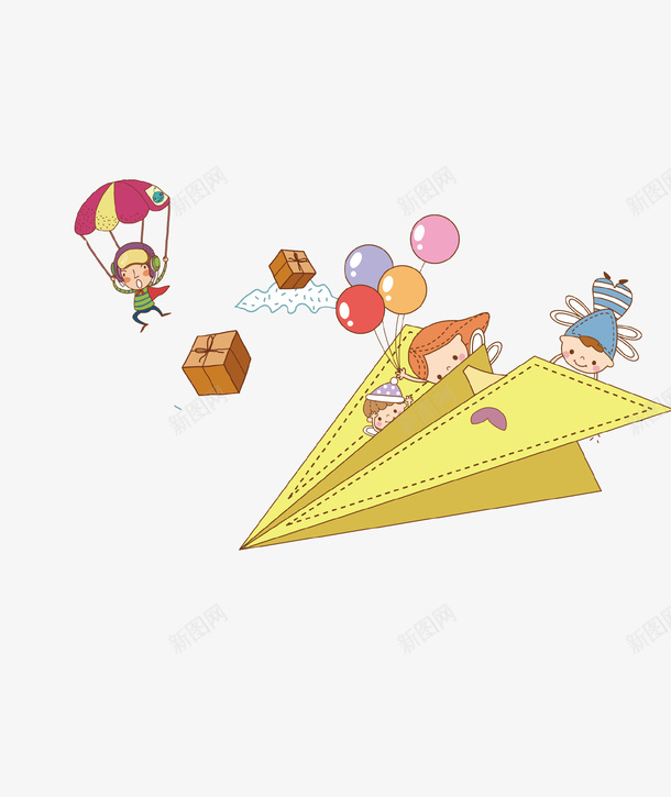 卡通欢乐儿童插画psd免抠素材_新图网 https://ixintu.com 儿童 儿童节 孩子 插画 欢乐 气球 礼物 纸飞机 纸飞机图案
