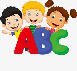 手绘三个小孩和英语字母ABC素材