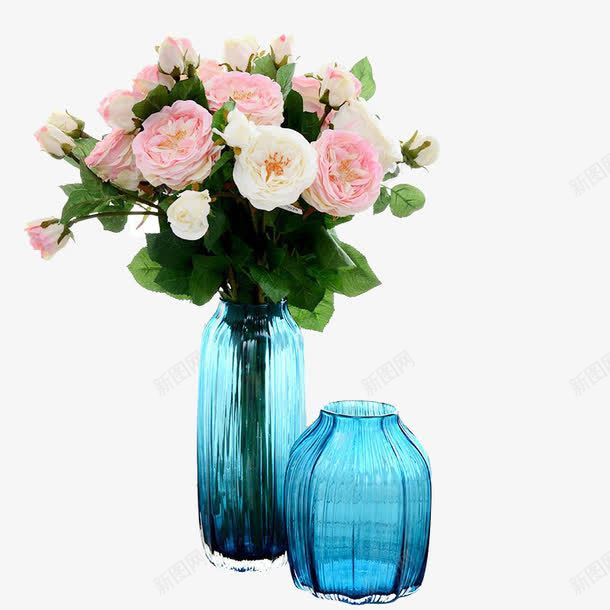 蓝色透明花瓶png免抠素材_新图网 https://ixintu.com 插花 玫瑰花 粉色 绿色 艺术 花瓶 透明