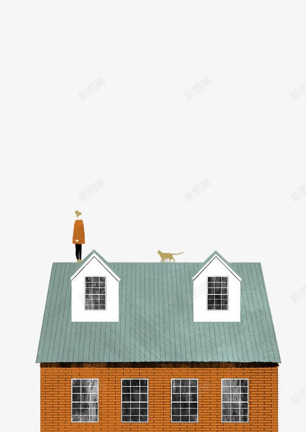 和猫在屋顶的女人png免抠素材_新图网 https://ixintu.com 创意设计 卡片封面 手绘插画