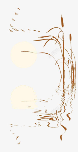 芦苇装饰日出时的芦苇和大雁简约风格画高清图片