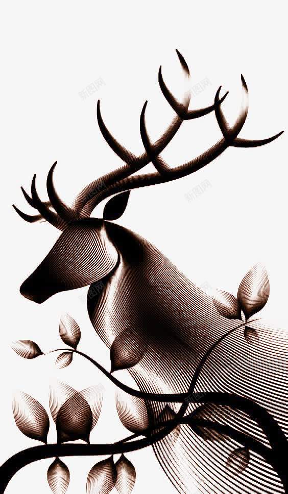 线条鹿和树枝png免抠素材_新图网 https://ixintu.com 动物 极简 植物 线条 黑白的鹿