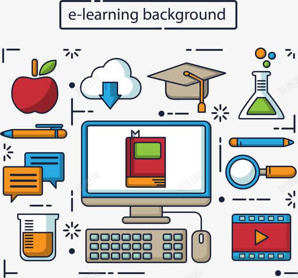 网络学习扁平化图标元素png_新图网 https://ixintu.com 云共享 博士帽 图标 在线学习 地球 手绘涂鸦 放大镜 暂无视频ico 电脑 科学研究 笔记本 网络学习 网络学校 网络教育 网络课程 苹果 视频教学 资源共享
