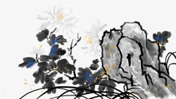 山石插画水墨中国风白菊与山石插画高清图片