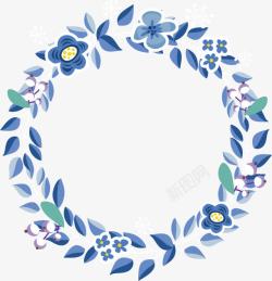 三朵彩色的小花手绘蓝色小花花环高清图片