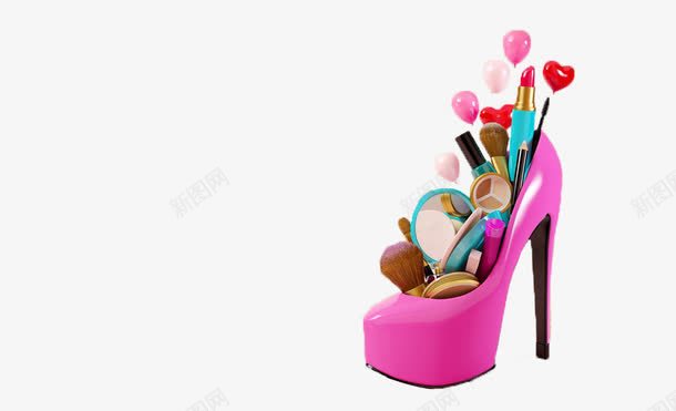 高跟鞋和化妆工具png免抠素材_新图网 https://ixintu.com 化妆品 口红 唇膏 气球 粉色 美容 镜子 高跟鞋
