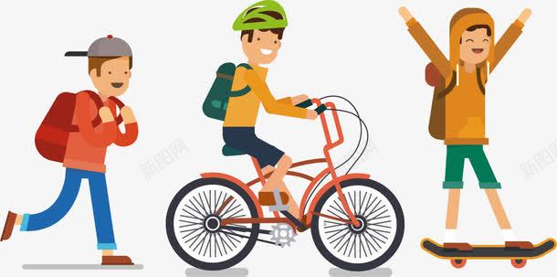 上学路上png免抠素材_新图网 https://ixintu.com 学生 滑板姿势 滑板男孩 背书包 自行车 骑车