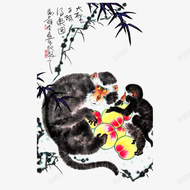 中国风水墨画猴子抱水果png免抠素材_新图网 https://ixintu.com 中国画 传统文化 国画 山水画 桃子 水墨猴子 水墨画 水果 猴子 猴年 猿猴