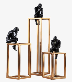 黑色雕塑坐在金属框上的思考者高清图片