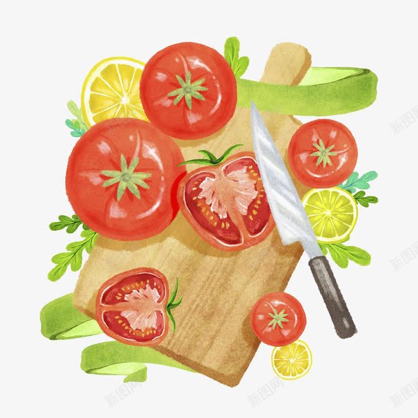 番茄和案板插画png免抠素材_新图网 https://ixintu.com 切 厨具 新鲜 有机食物 柠檬 水彩 番茄和案板插画 蔬菜 西红柿