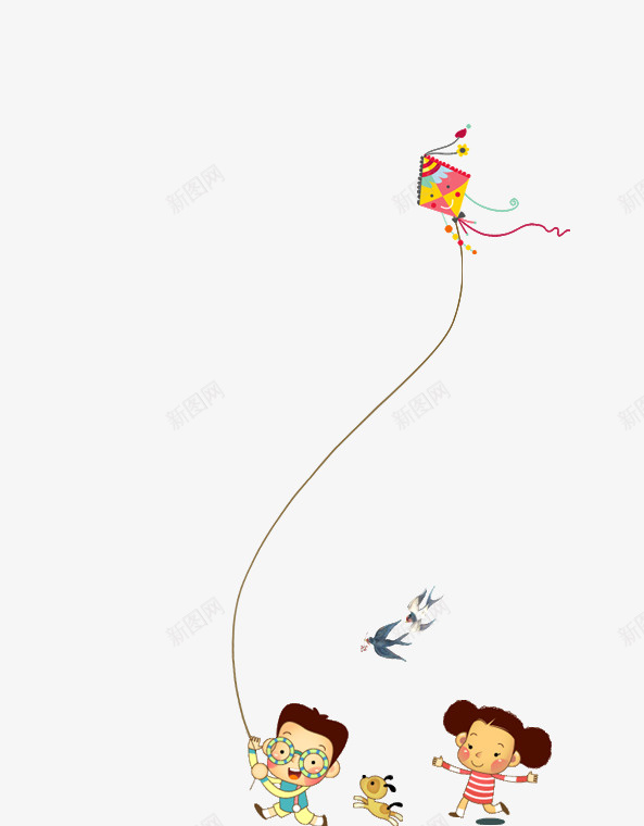 卡通手绘放风筝的孩子psd免抠素材_新图网 https://ixintu.com 卡通 彩色风筝 手绘 放风筝的孩子 飞翔的燕子 黑色燕子